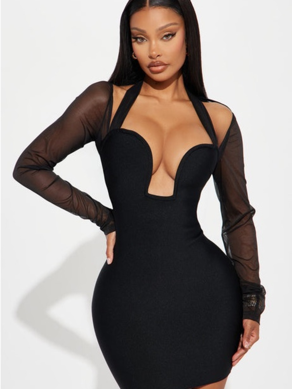 Fashion Nova Black Sheer-Sleeve Sweetheart Bodycon Mini Dress